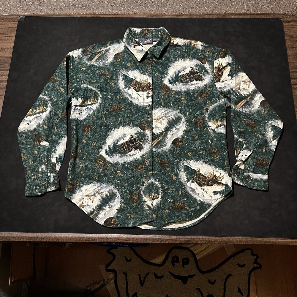 Woolrich Vintage All Over Print Shirt Jacket Wool Pinecone Flannel Wood Shop Toy